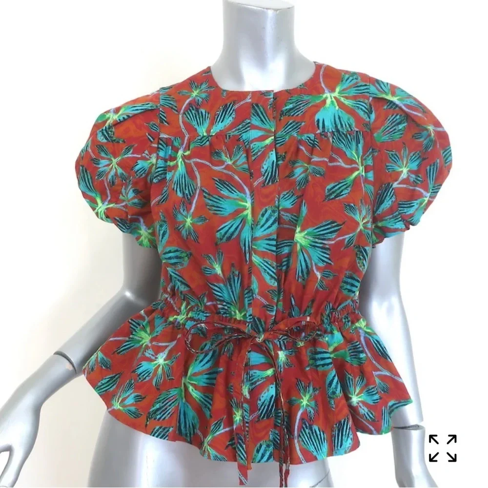 NWT ULLA JOHNSON MILA PUFF SLEEVE PEPLUM TOP TROPICAL FLORAL PRINT POPLIN SIZE 6